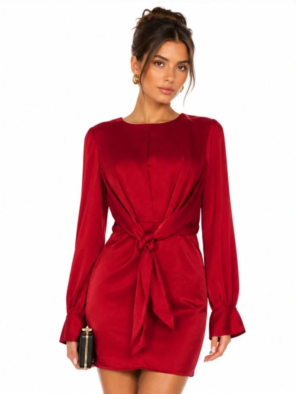 HOUSE OF HARLOW 1960 X REVOLVE Crimson Red Tie-Front Long Sleeve Mini Dress
